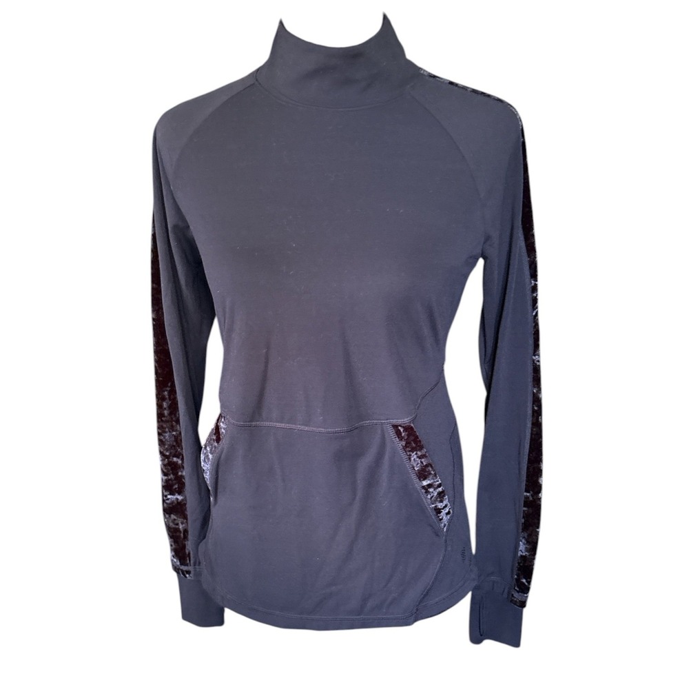 FLX Black Mock Neck Velvet Trim Athletic Pullover, Small, Loungewear Athleisure